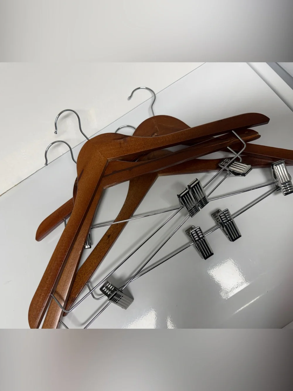Wooden Suit & Pant Hanger Set - Brown and Silver - Set of 4 LIKE NEW Pants Clips